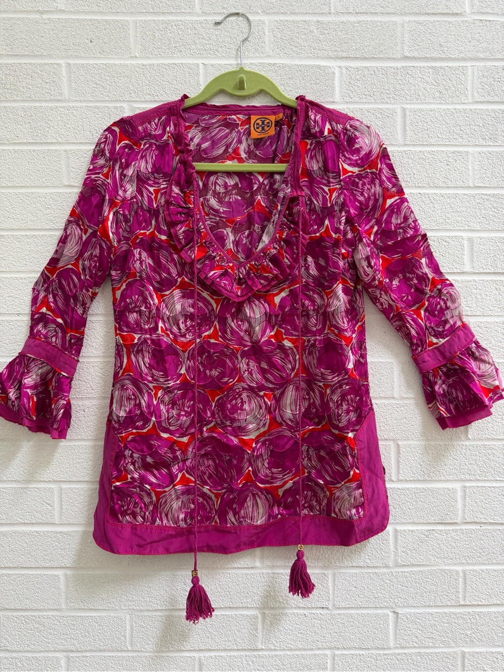 Tory Burch Pink and Red Floral Ruffle Tunic